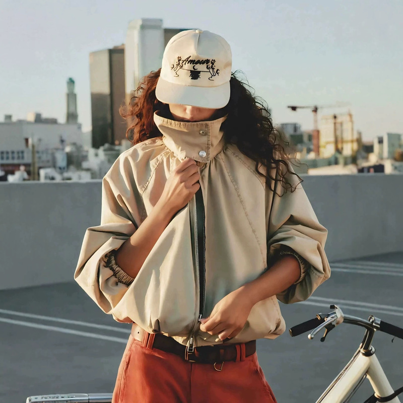Casual Stand Collar Short Jacket for Women, Spring and Autumn, Loose Fit, Bat Sleeve, Khaki, Elastic Cuff Short Coat Top