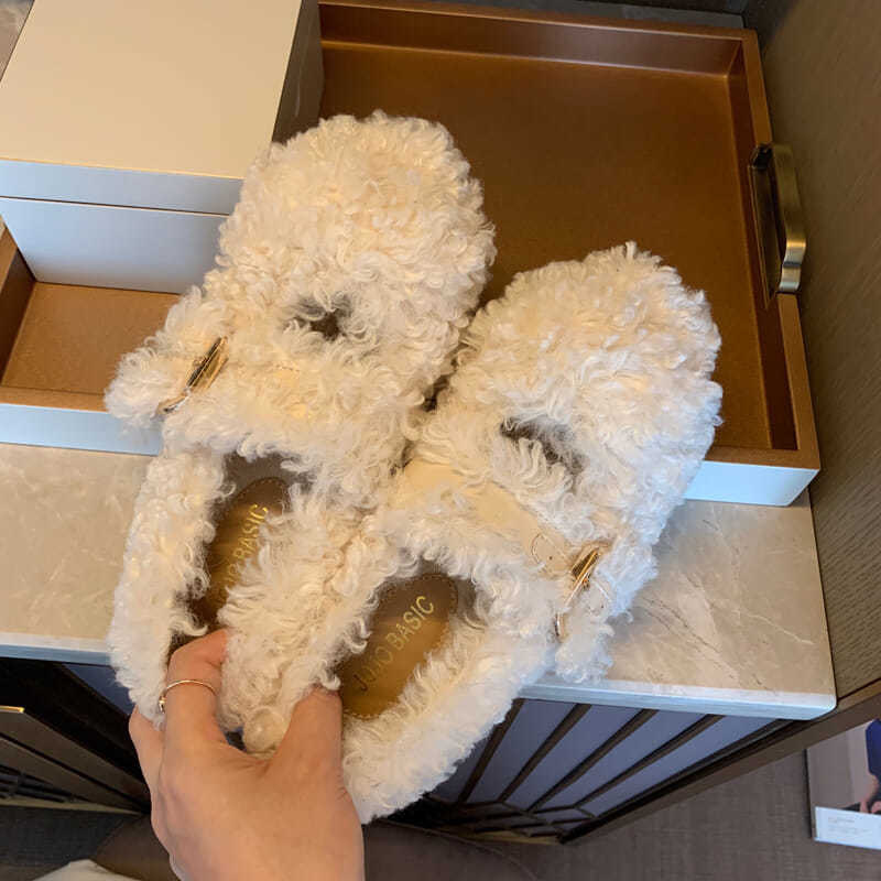 Tamanho grande sapatos peludos para outono e inverno exterior usar nova sola plana internet celebridade encaracolado mais gorro de veludo única mulher_voghion.com