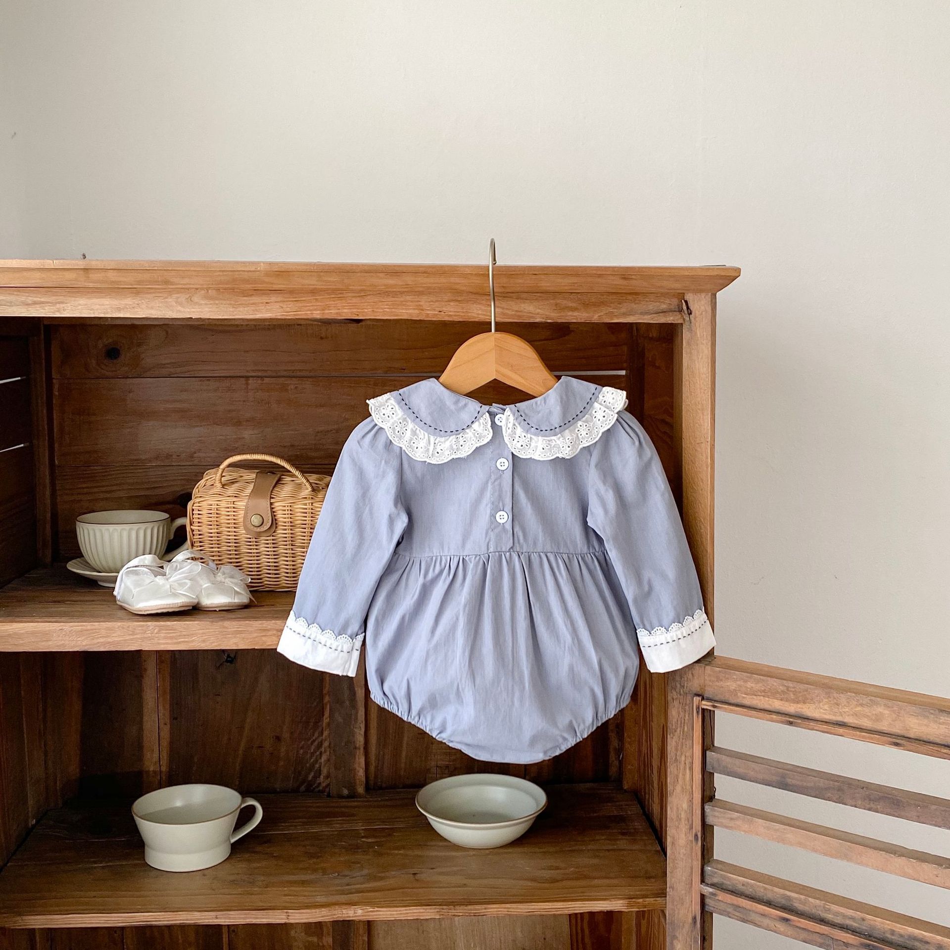 INS 2024 Herbst Baumwolle Klasse A Schwestern Mädchen Baby Spitze Puppe Hals Langarm Furz Gewickelt Romper + Rock_voghion.com