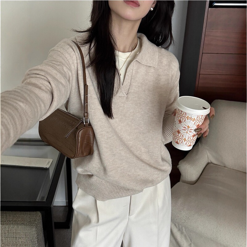 Korean-Style Half-Open Polo Collar Knit Sweater for Women, Autumn and Winter Loose Pullover, Multi-Color in Stock, Wholesale Cross-Border Korean-Style Half-Open Polo Collar Knit Sweater for Women, Autumn and Winter Loose Pullover, Multi-Color in Stock, Wholesale Cross-Border