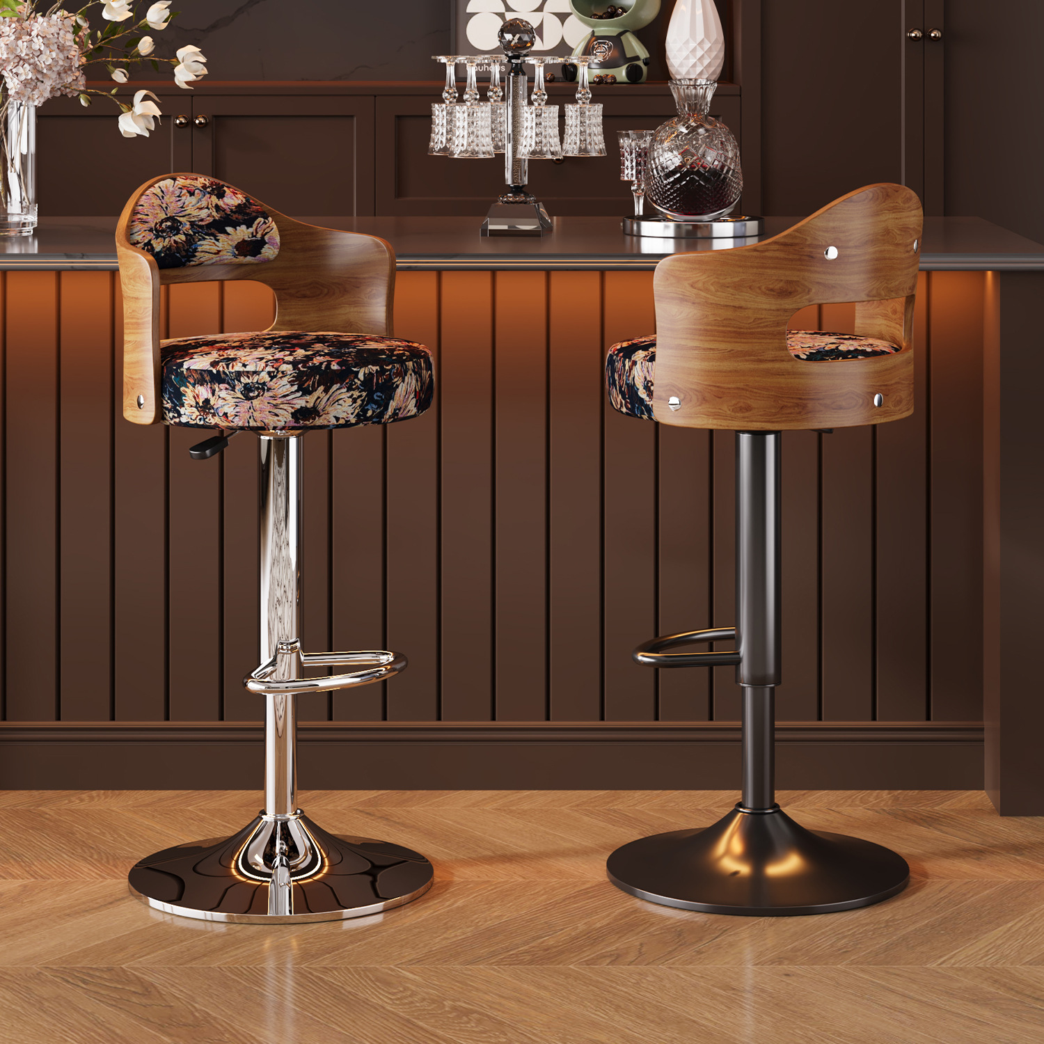 Medieval Style Wooden Backrest High Chair Home Bar Chair Floral Printed Fabric Cushion Liftable Bar Chair