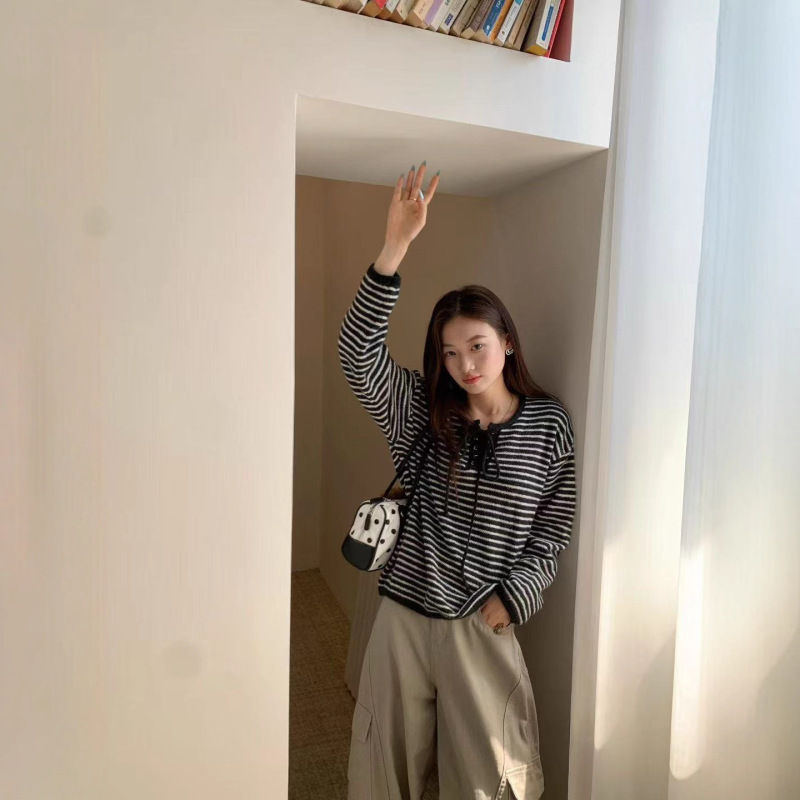 韩国跟单！2025秋季复古文艺撞色条纹慵懒圆领系带长袖针织衫女|undefined
