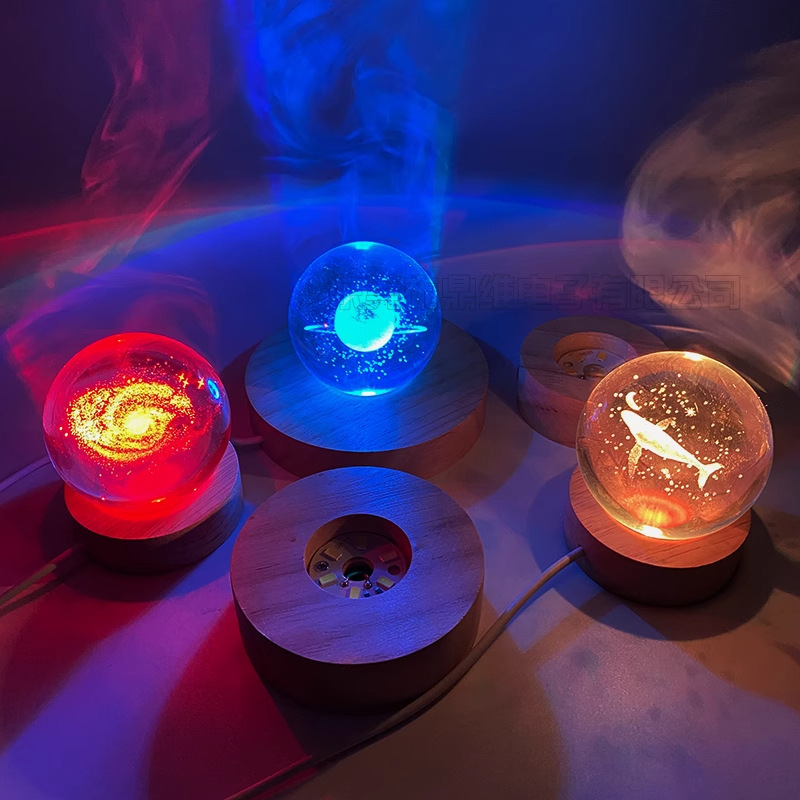 円形水晶発光木台座実木LED小夜灯香薫夜灯プレゼント置物|undefined