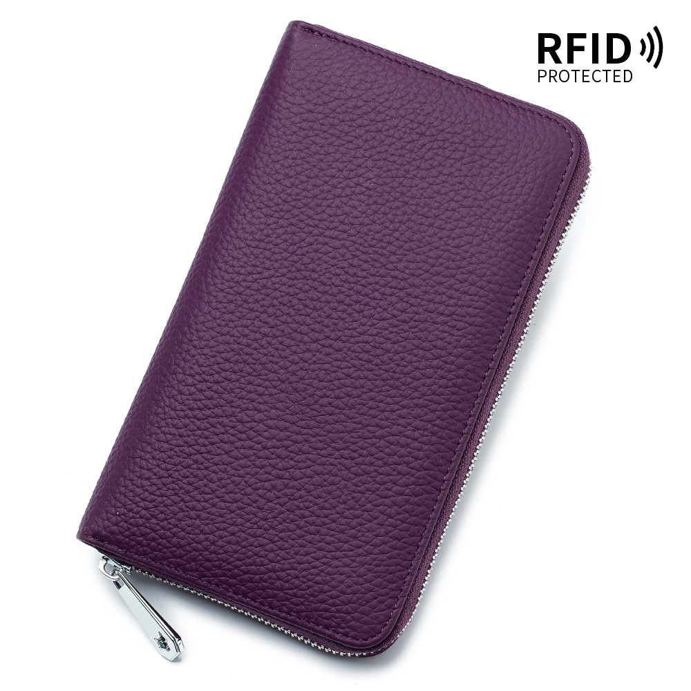 Pasaporte bolsa cremallera de cuero multifuncional familia plegable Bolsa japonesa transfronteriza de las mujeres largas patrón de lichí Cartera de color sólido