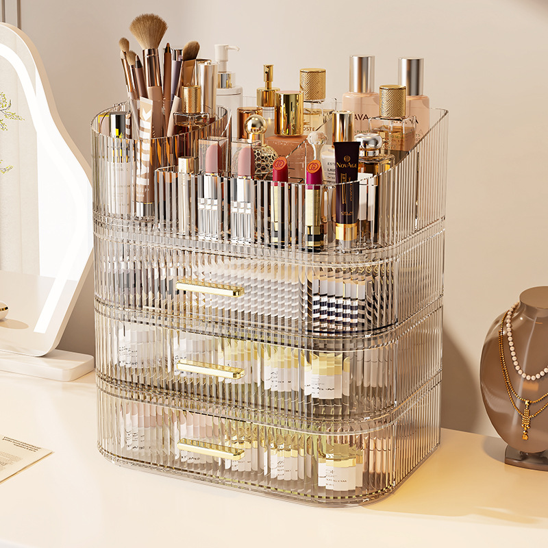 Caja de almacenamiento de cosméticos personalizada Caja de cosméticos de dormitorio doméstico grande transparente Caja de resumen de productos para el cuidado de la piel de escritorio multifuncional