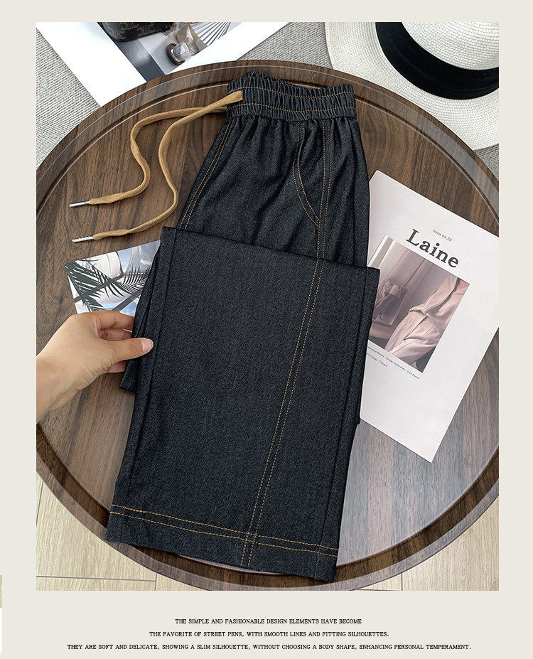 Quần jean nữ ống rộng cạp cao vải denim mỏng nhẹ dáng suông — Đen - Loại thông thường chi tiết 16