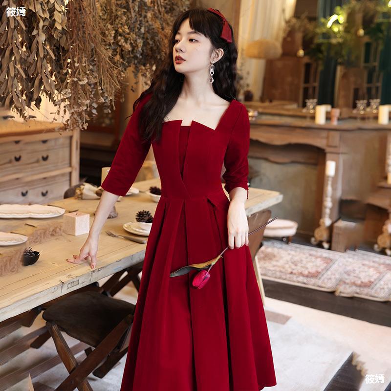 敬酒服新娘2021新款夏季平时可穿酒红色结婚小礼服连衣裙回门气质