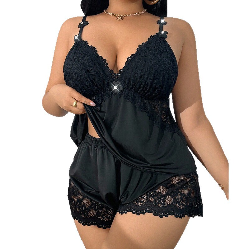 European and American Style Sexy Lace Patchwork Lingerie Shorts Set for Women, Summer Cross-Border Plus-Size Sleepwear Wholesale