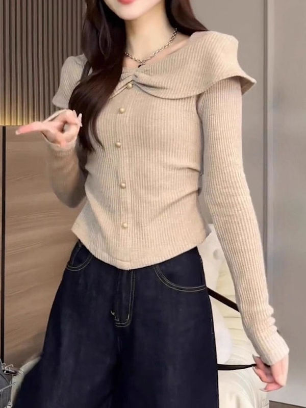 韩系时尚褶皱荷叶边长袖t恤女秋季修身显瘦漂亮洋气针织上衣|undefined