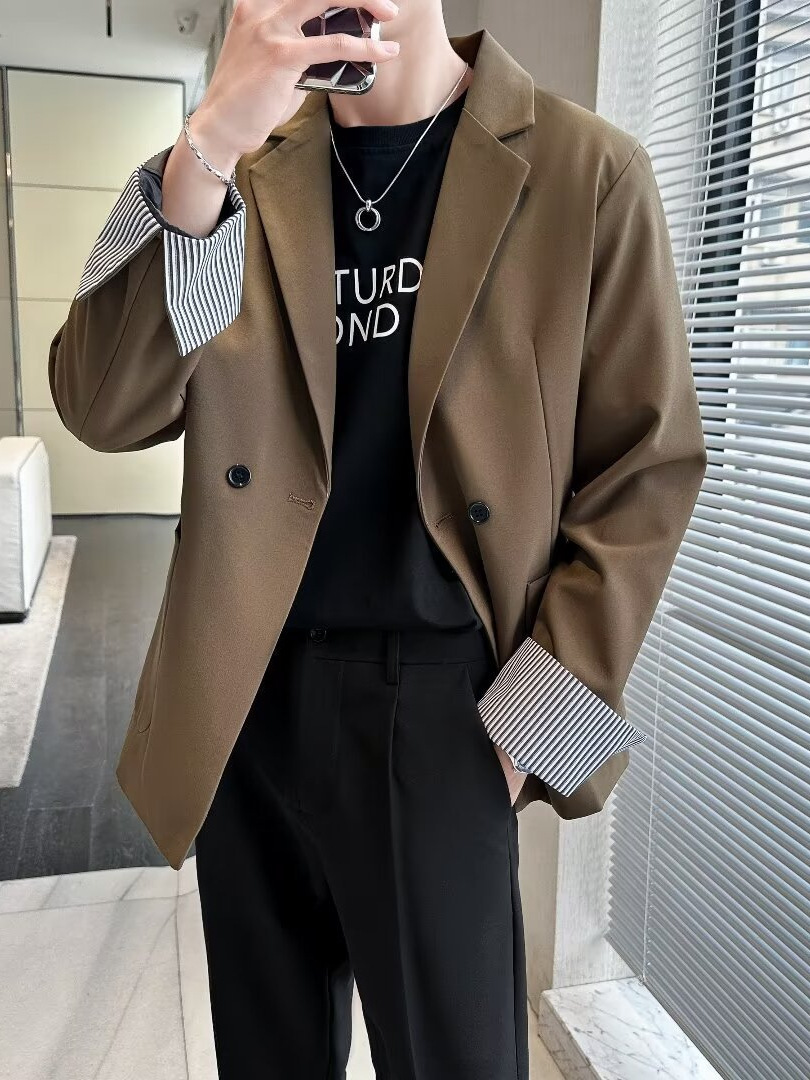 한국식 캐주얼 솔리드 컬러 세트 남성용 하이 엔드 Dk 유니폼 라이트 성숙한 스타일 세련된 루즈 세트 재킷