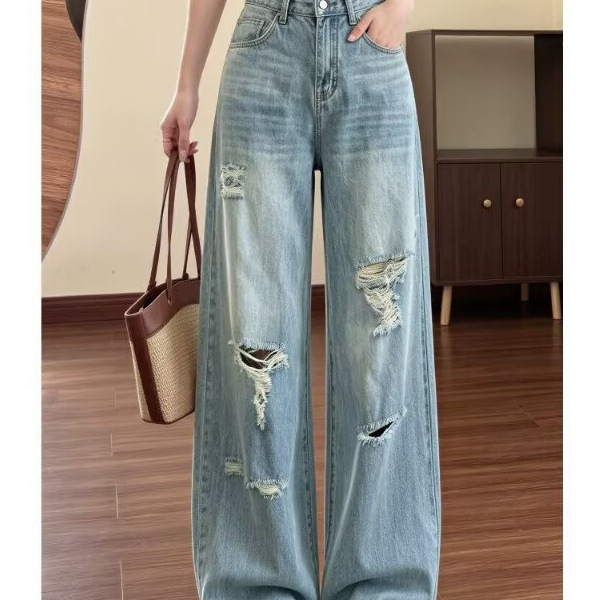 American-Style Ripped High-Waisted Straight-Leg Jeans for Women, Spring 2026 New Model, Slimming Loose Retro Floor-Length Straight Pants American-Style Ripped High-Waisted Straight-Leg Jeans for Women, Spring 2026 New Model, Slimming Loose Retro Floor-Length Straight Pants