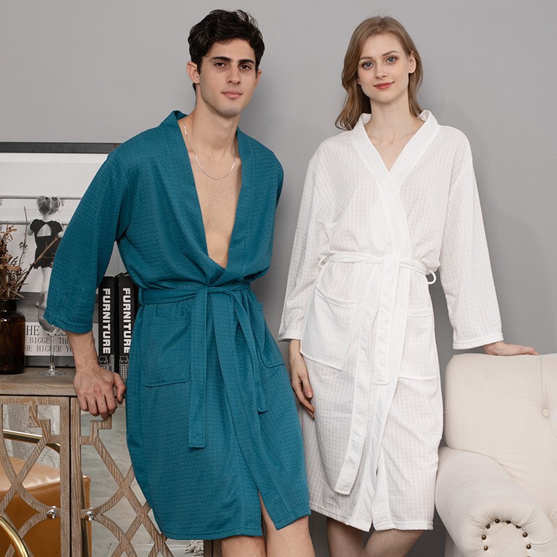 Cross-border Waffle Bathrobe Sauna Clothes Women's Thin Nightgown Long Couple's Home Clothes Hotel Bathrobe Men's Hair