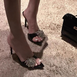 Pointed Toe High Heels for Women 2025 Summer New Style Rhinestone French Style Non-Tiring Feet Beautiful High-End High-Heeled Sandals and Slippers