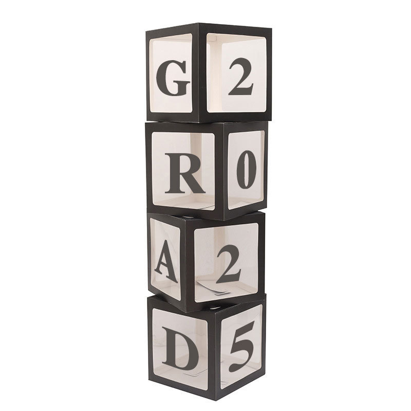 Caja de globos negra GRAD para la temporada de graduación 2025, diseño de escena de fiesta transfronterizo de Amazon, venta al por mayor de cajas de globos.