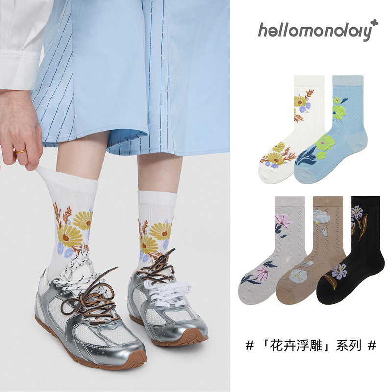 Spring and Summer New Japanese Retro Thin Socks for Women, New Chinese Style Mid-Tube Socks, Cross-Border Embossed National Style Women's Socks