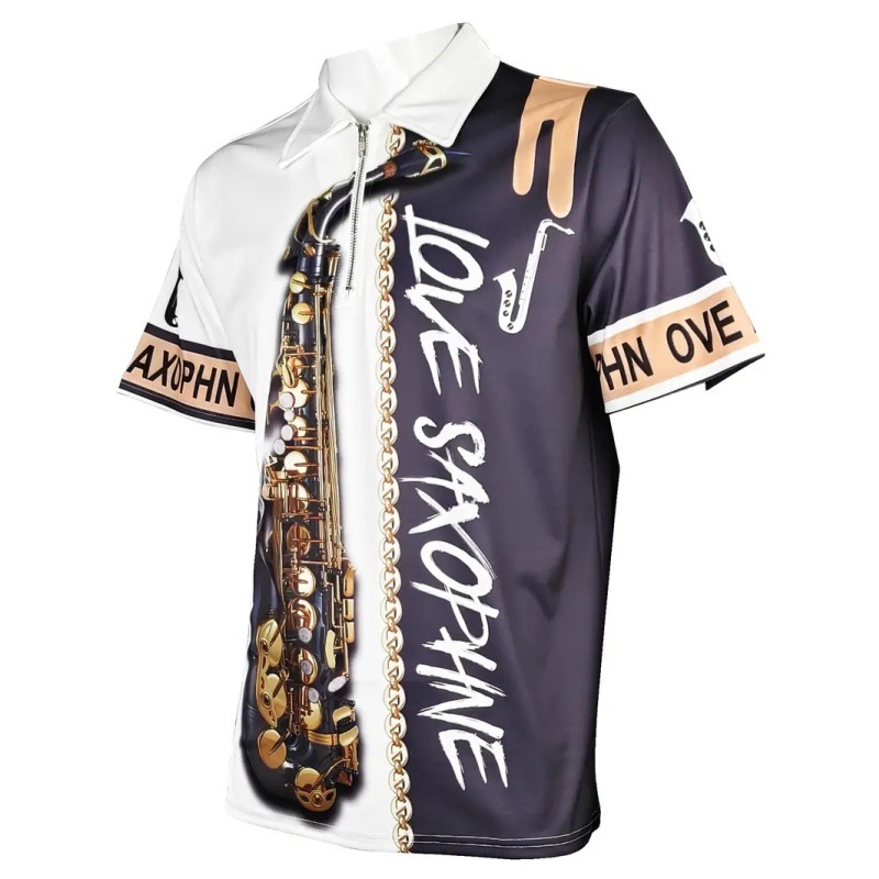 2024 venta caliente arte saxofón 3D impresión digital hombre verano suelto transpirable manga corta cremallera camisa POLO