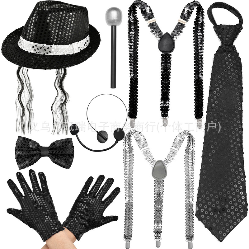 Hot-Selling Disco Performance Props Sequin Hat Tie Gloves Black and Silver Men's Suit Xiyin Temu in Stock