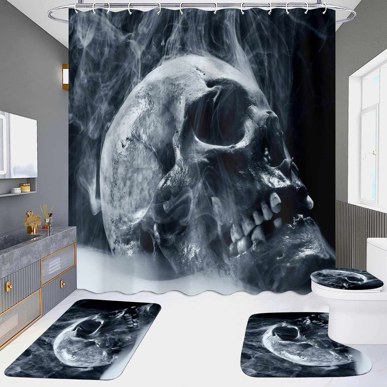 Cortina de ducha de suministro directo transfronterizo conjunto de cuatro piezas hd impermeable sin perforaciones baño hotel baño partición cortina wansheng cráneo