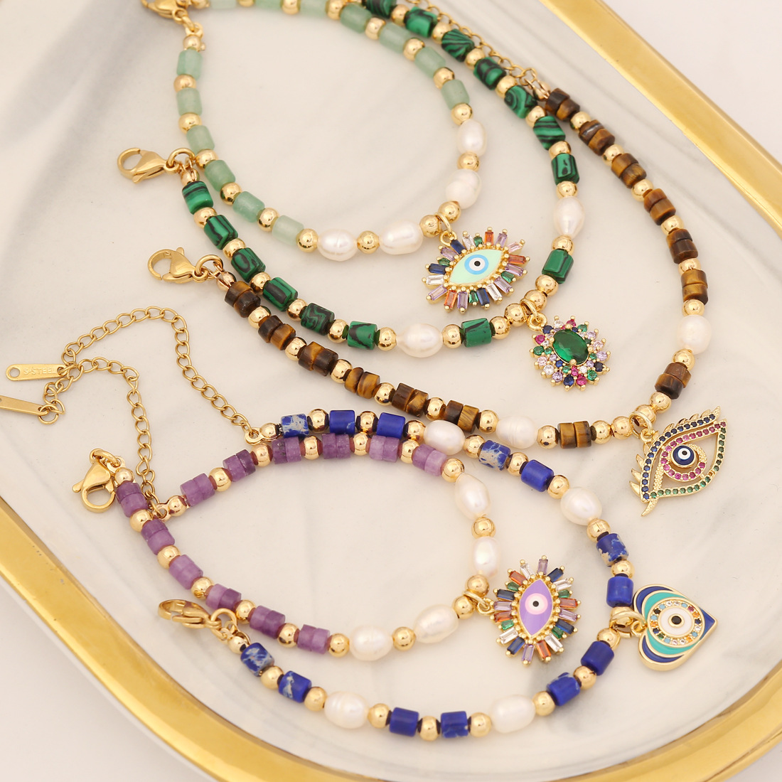 Glam Devilu0027S Eye Copper Beaded Artificial Pearls Natural Stone Bracelets