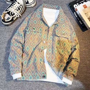 Spring and Autumn high quality New Arrival Rhombic Printed Denim Jacket Men's High-end Feeling Fagoff Handsome Men's Casual Jacket Top