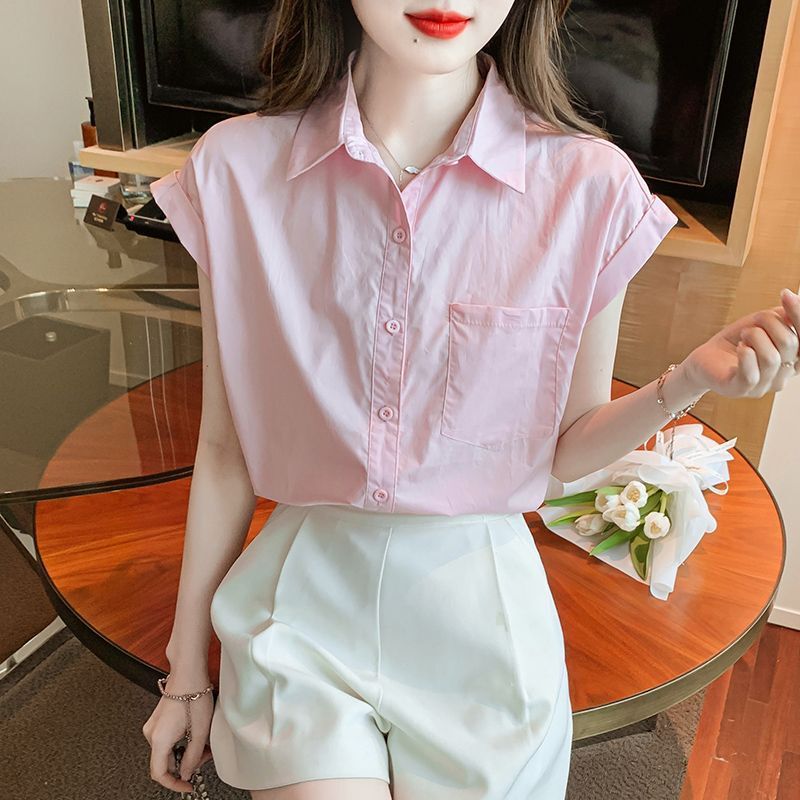 Solid Color Lapel Shirt Women's Sleeveless Summer Loose Design Sense Pink Age-reducing College Style All-match Elegant Top Clothes