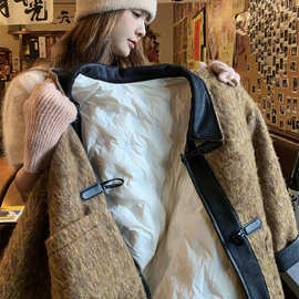 拼接呢大衣加厚韩系牛仔短款羽绒服毛呢外套女学院风pu皮内胆秋冬