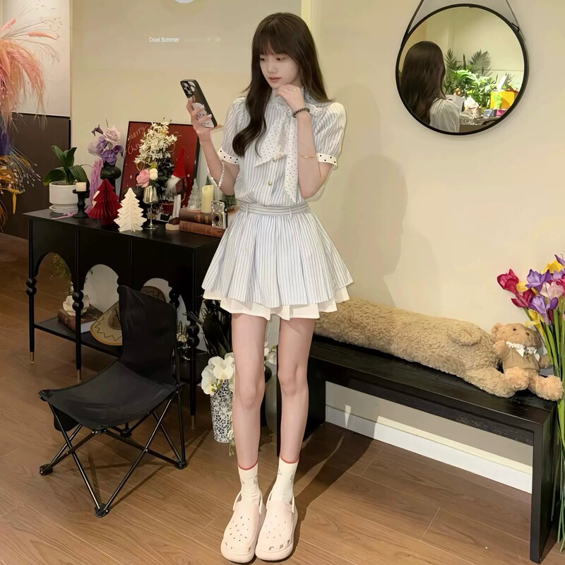夏季条纹法式连衣裙女2025新款小个子巨好看收腰显瘦A字衬衫裙子|undefined