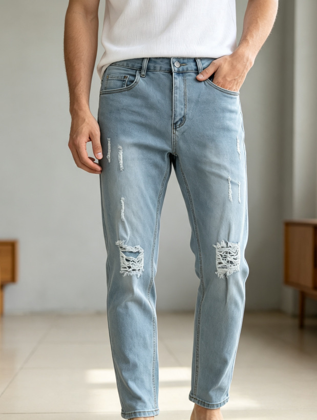 Jeans Ajustados Rotos para Hombre de Mezclilla de Algodón, Elástico, para Uso Casual image 1