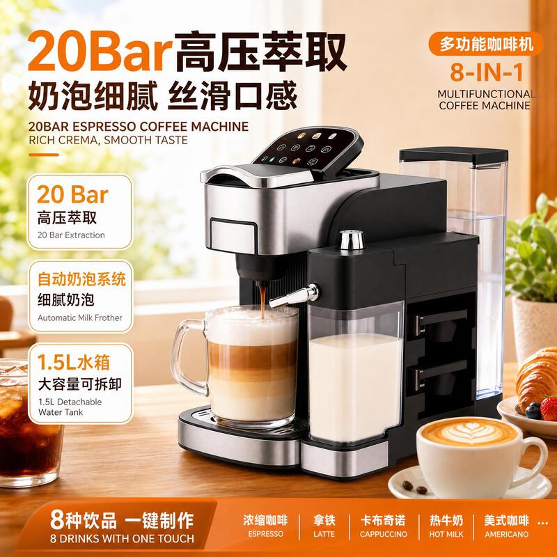 Italian semi-automatic coffee machine, one-touch latte and cappuccino maker, suitable for home and office use, detachable body for easy cleaning Italian semi-automatic coffee machine, one-touch latte and cappuccino maker, suitable for home and office use, detachable body for easy cleaning