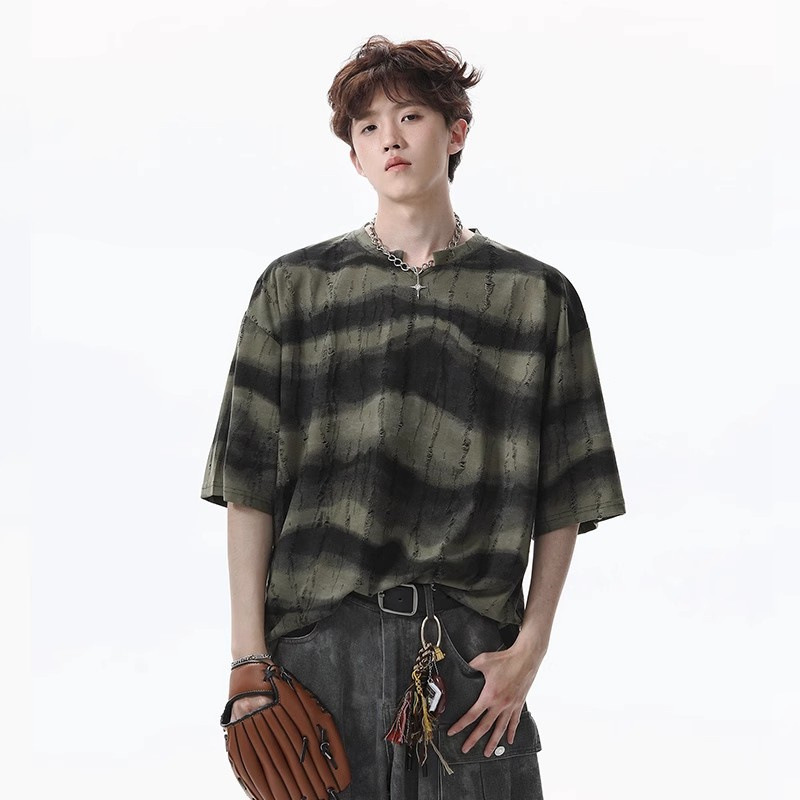 American Heavy Stripesd Short-Sleeved T-Shirt for Men 2025 New Summer Retro Trendy Brand Scratch Design Loose Half-Sleeve