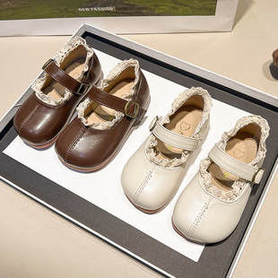 Girls' Fashion Korean Style Lace Princess Shoes Spring and Autumn New Soft Bottom Velcro Shallow Mouth Leather Shoes