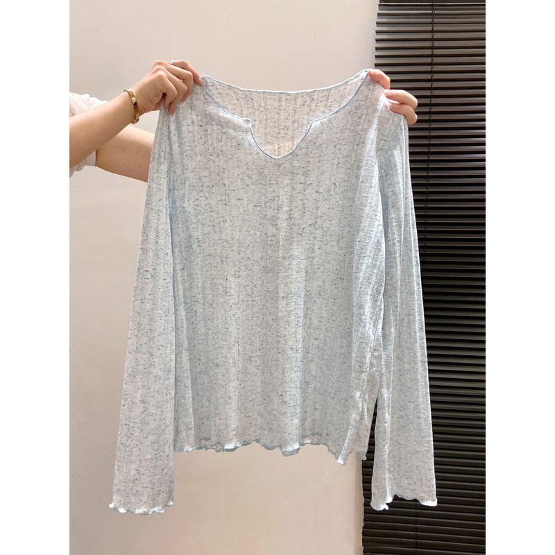 Relaxed V Neck Pit Strip Long-Sleeved T-Shirt for Women in Summer, Light and Slightly See-Through Top, Textured Sexy Loose Sun Protection Blouse