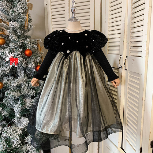 Children's clothing, girls' advanced heavy-duty dress, autumn and winter sleeves, thickened skirt, velvet dress, baby girl's birthday princess dress