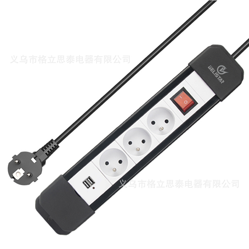 厂家批发法式插排多孔位带开关插线板带USB插板法国电源插座