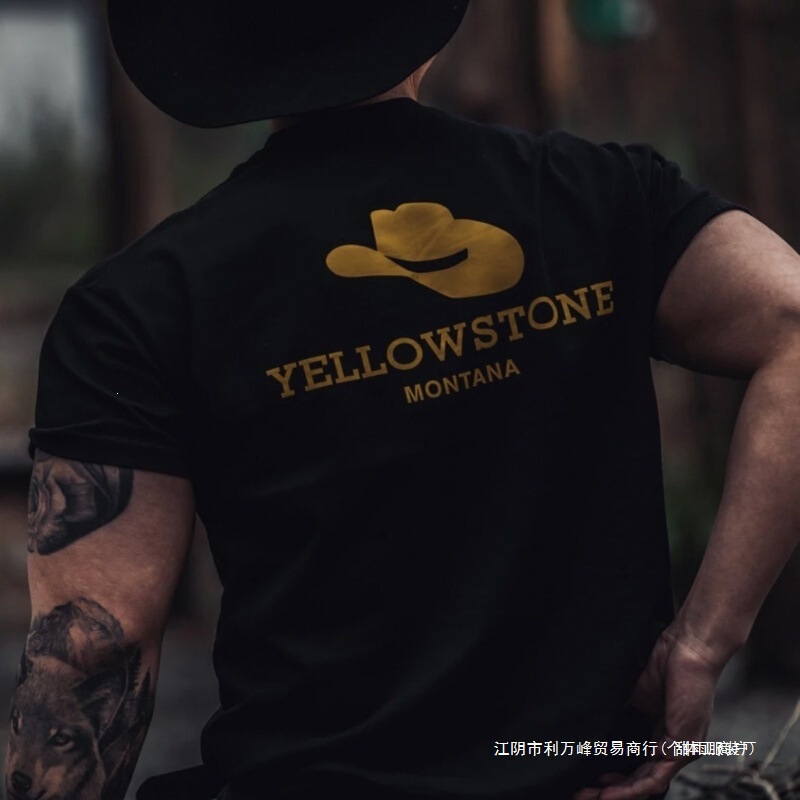 2025 Yellowstone Xinjiang Long-Staple Cotton American-Style Stretchy Small-Neck Printed Short-Sleeve Shirt, Youthful Trendy Loose Fit, Black 2025 Yellowstone Xinjiang Long-Staple Cotton American-Style Stretchy Small-Neck Printed Short-Sleeve Shirt, Youthful Trendy Loose Fit, Black