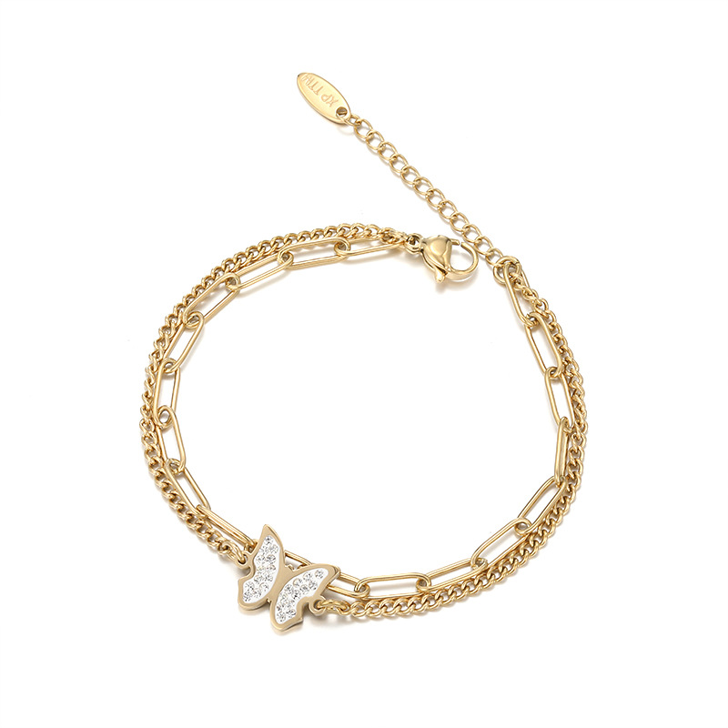 Xuping nueva moda de acero inoxidable chapado 14k nicho de cadena de doble capa de diseño simple pulsera mariposa al por mayor