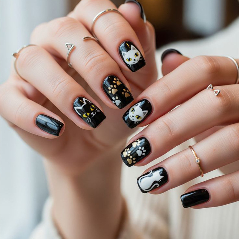 Medium Square Cute Cartoon Cat Paw Pattern Printed Reusable False Nail Stickers Medium Square Cute Cartoon Cat Paw Pattern Printed Reusable False Nail Stickers