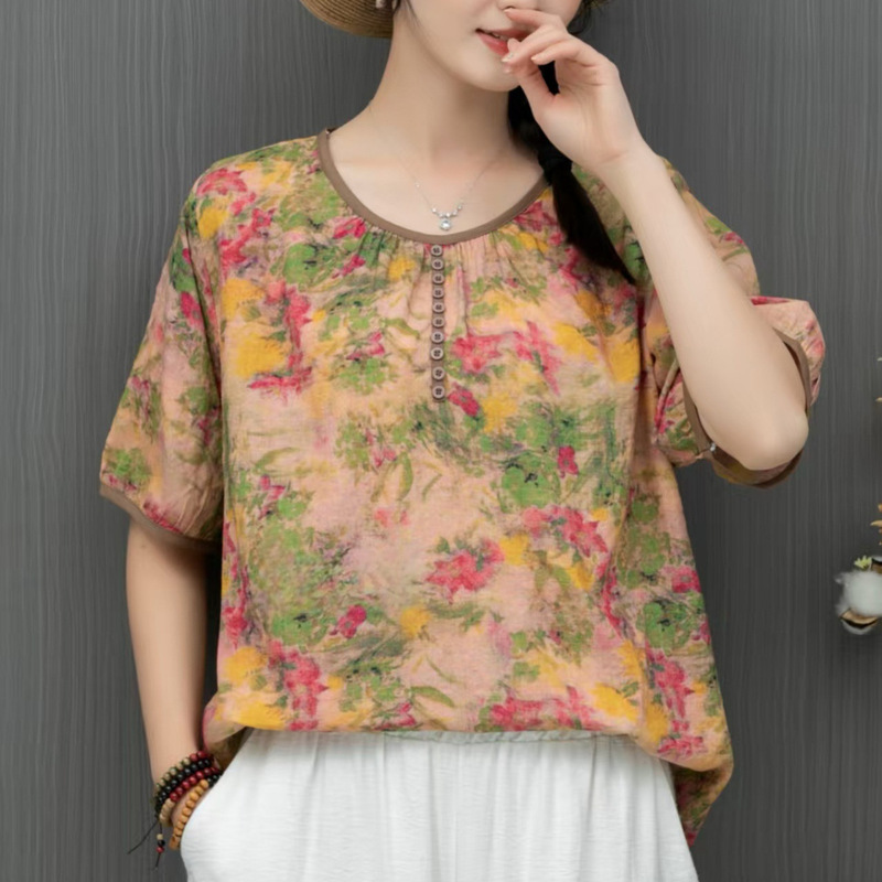 2025 Summer New Artistic Printed Cotton and Linen Shirt Retro Loose plus size Crewneck Pullover Elegant T-shirt for Women