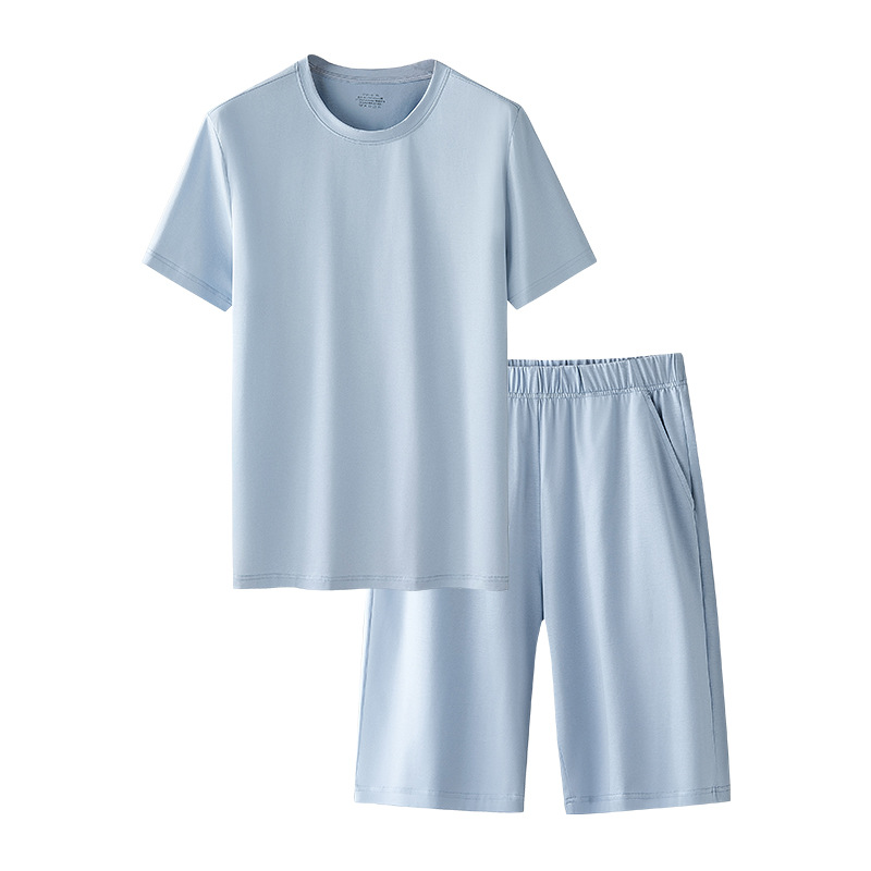 Nuevos pantalones cortos de manga corta frescos de primavera y verano para hombres, color sólido, cuello redondo fino, hermosa piel, algodón mercerizado, se puede usar fuera del traje