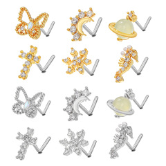 Cross-border hot-selling European and American trendy new 7-character nose nail stainless steel piercing 18k geometric nose jewelry directly supplied from the manufacturer