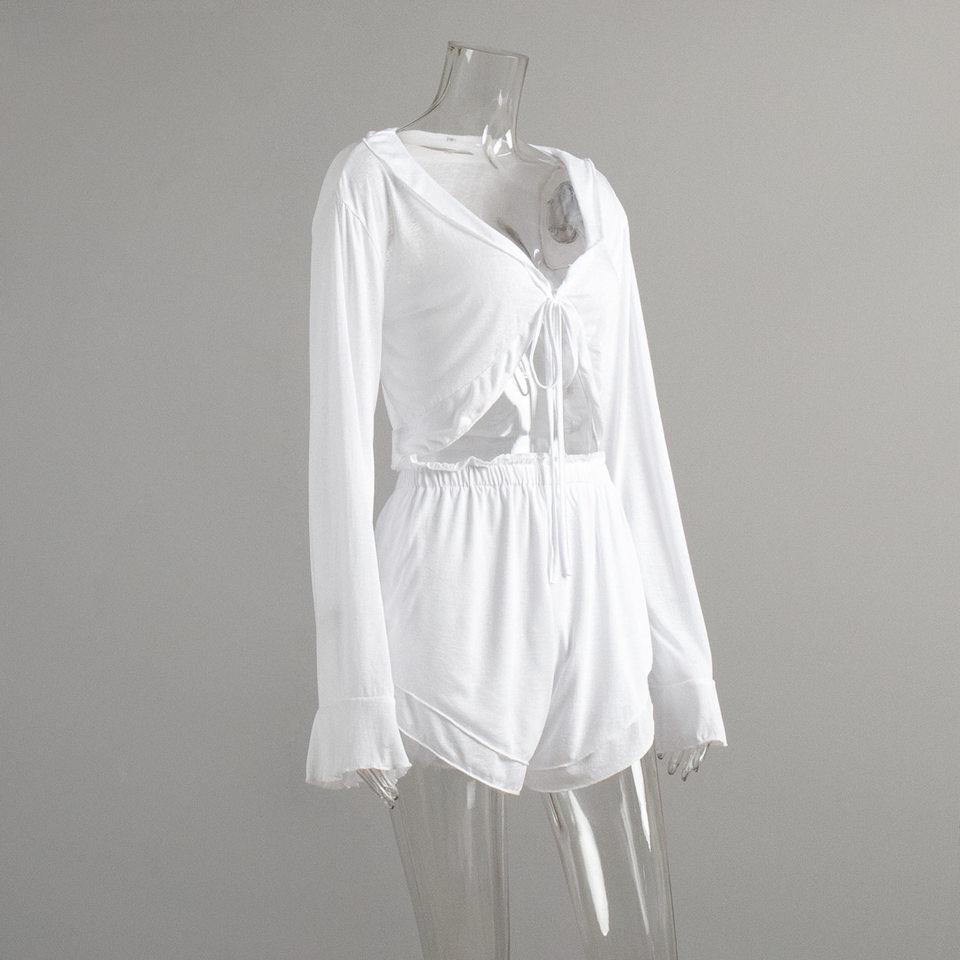 Bộ đồ ngủ nữ áo cardigan thắt dây kèm quần short dệt kim mặc nhà thoải mái — Màu trắng, Màu đen chi tiết 6