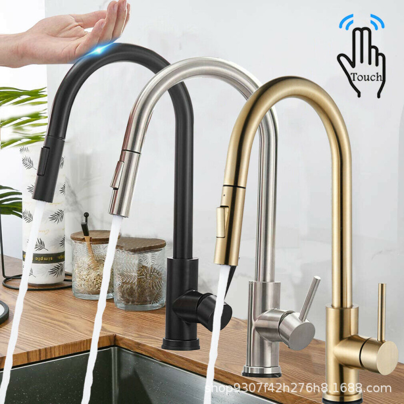 304 stainless steel smart touch kitchen faucet pull nozzle stainless steel dish basin touch faucet