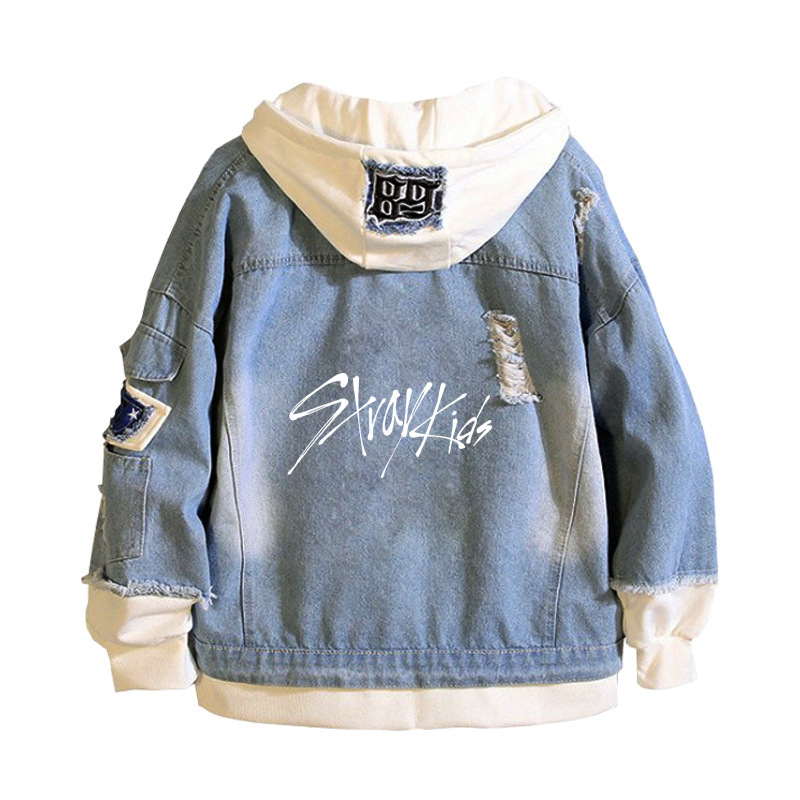 Cross-border stray kids peripheral sweater spring and autumn long sleeve men's hoodie Korean trend fake two-piece Denim coat