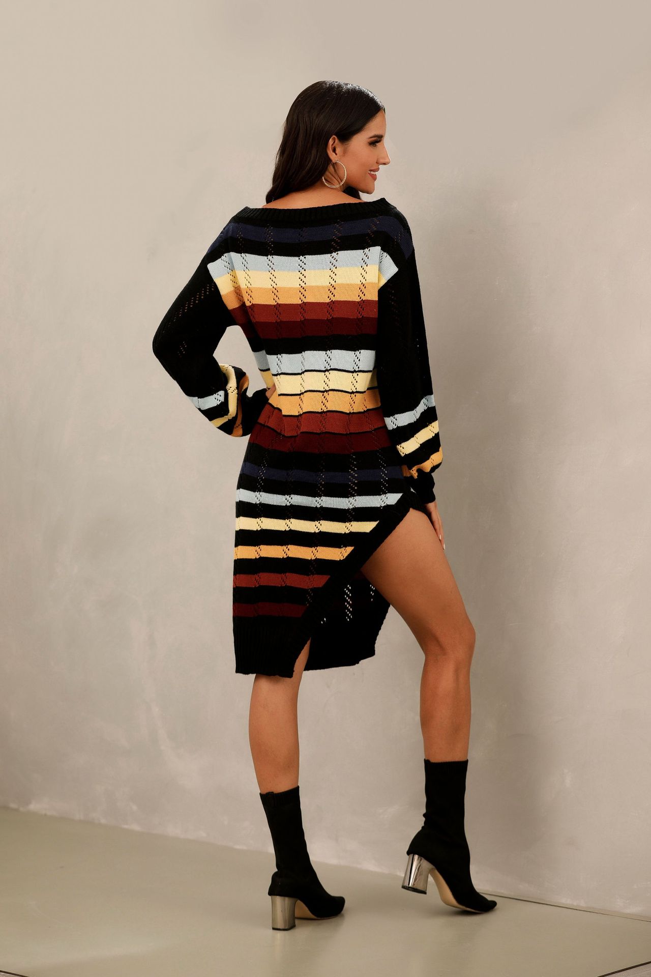 2021跨境新款修身露肩條紋長袖長袍式開叉毛衣連衣裙女