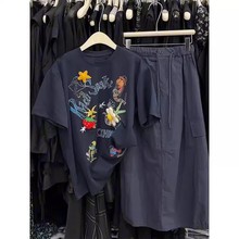 大码夏季休闲套装裙女-立体装饰趣味印花短袖T恤复古工装裙两件套