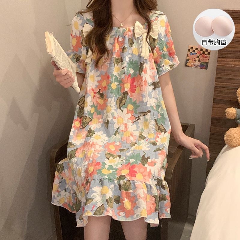 睡裙女夏季睡衣短袖带胸垫薄款可爱花朵宽松新款可外穿夏天家居服|undefined