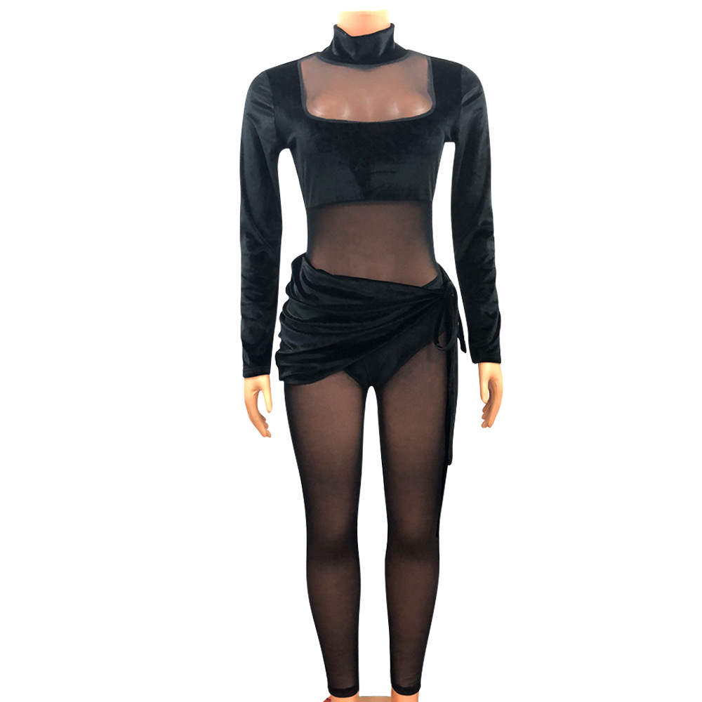 Women's fashion sexy mesh velvet splicing solid color jumpsuit_voghion.com