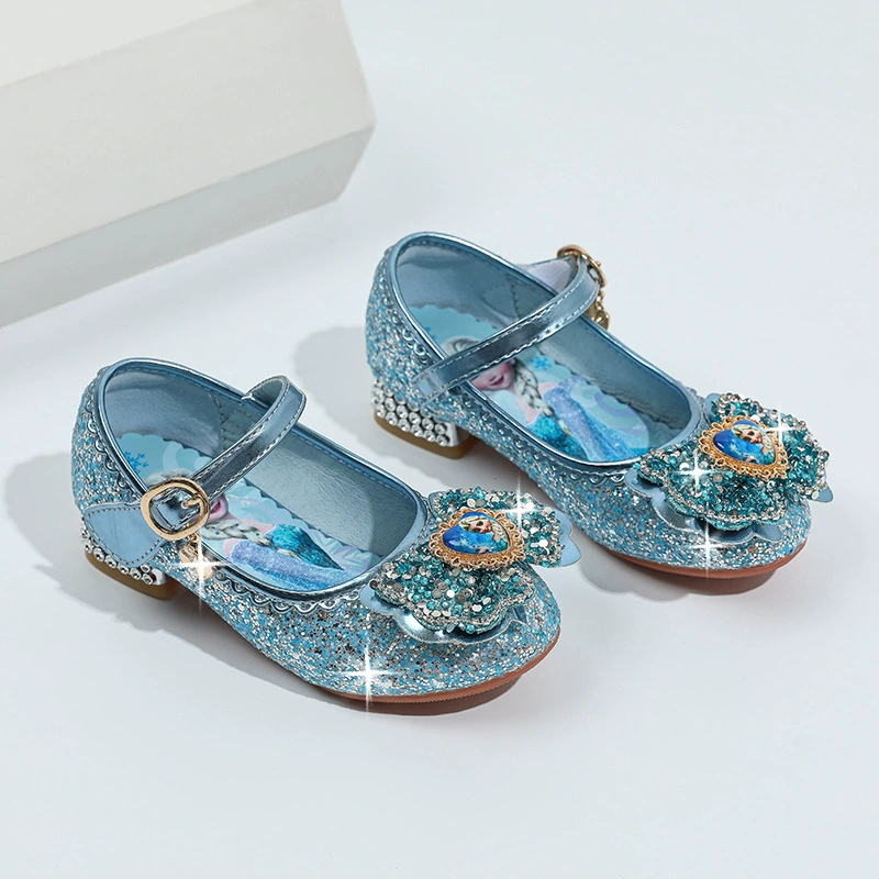 Туфли принцессы для девочек, весна-осень 2025, новые детские туфли на высоком каблуке, туфли принцессы Эльзы, кожаные туфли на мягкой подошве, туфли с кристаллами