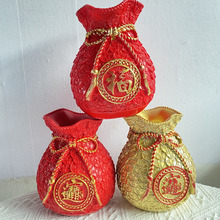 红色树脂大钱袋福袋花瓶乔迁开业福袋摆件家居装饰工艺品插花瓶