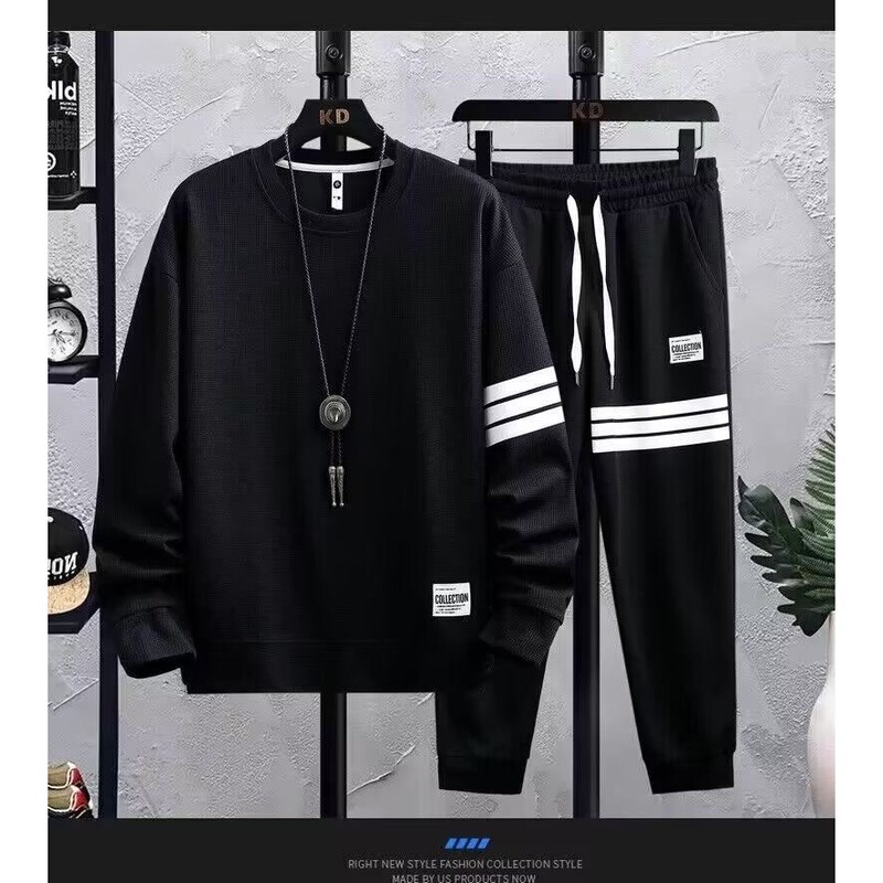 Foreign trade waffle suit men's spring and autumn trend leisure sports new long sleeve trousers a set of clothes with handsome